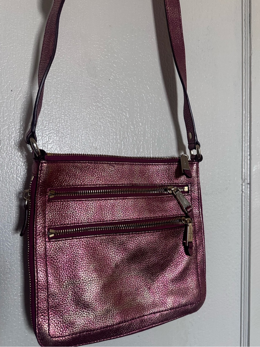 Cole Haan Metallic Plum Crossbody with Triple Zip Front Pockets